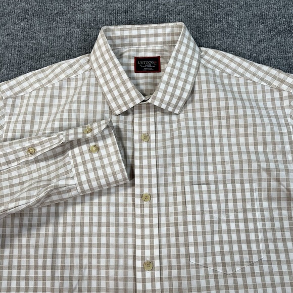 UNTUCKit Shirt Mens Large White Tan Check Slim Fit Wrinkle Free Cotton Button Up - Picture 1 of 11